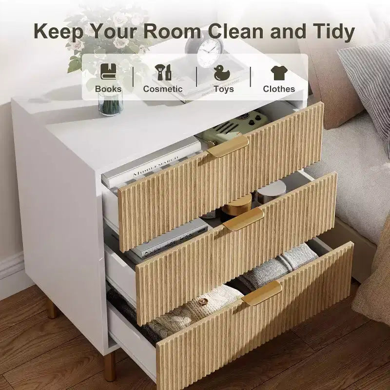 Modern 3 Drawer Dresser for Bedroom with Gold Handle and Large Drawer, Wood Double Chest of Drawers and Storage Organizer for Home
