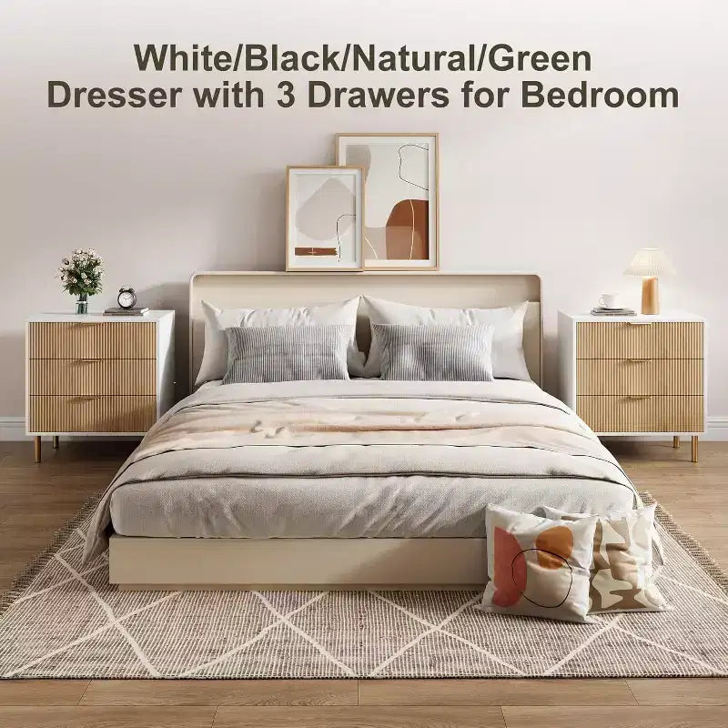 Modern 3 Drawer Dresser for Bedroom with Gold Handle and Large Drawer, Wood Double Chest of Drawers and Storage Organizer for Home