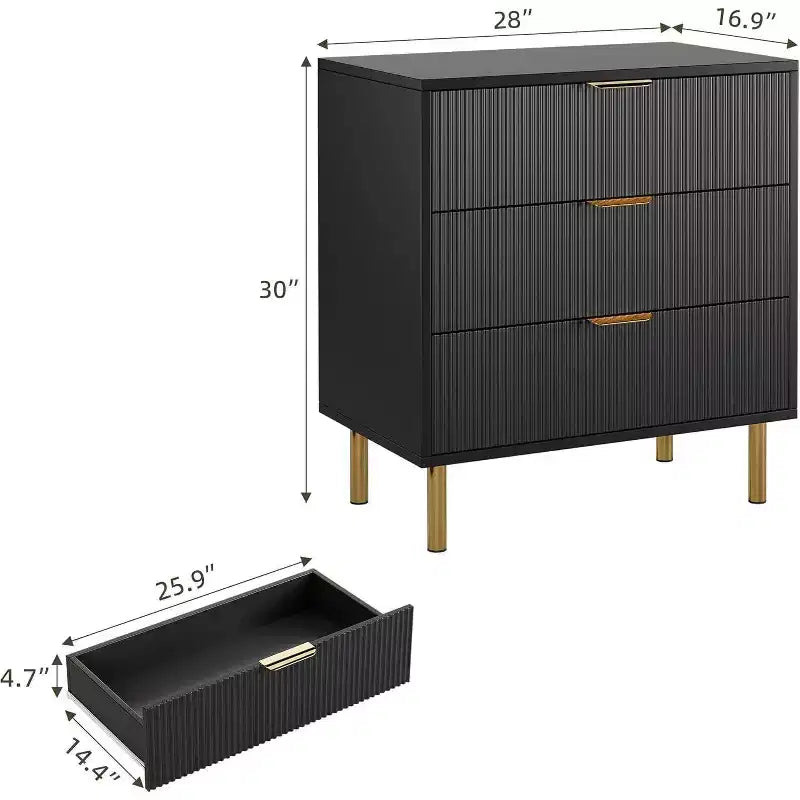 Modern 3 Drawer Dresser for Bedroom with Gold Handle and Large Drawer, Wood Double Chest of Drawers and Storage Organizer for Home