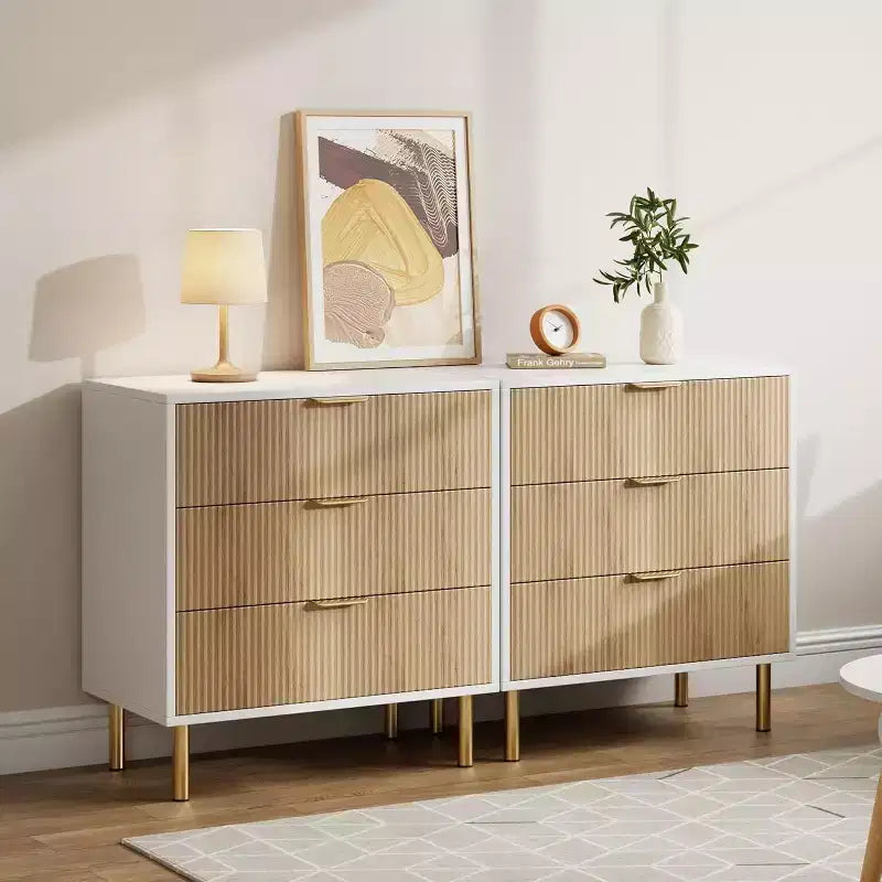 Modern 3 Drawer Dresser for Bedroom with Gold Handle and Large Drawer, Wood Double Chest of Drawers and Storage Organizer for Home