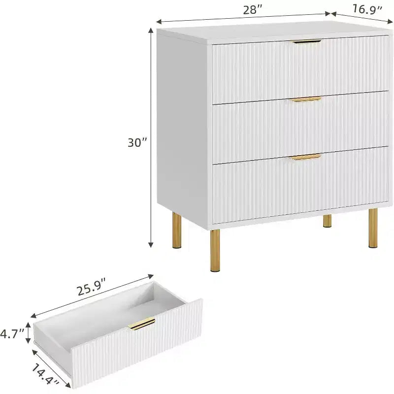 Modern 3 Drawer Dresser for Bedroom with Gold Handle and Large Drawer, Wood Double Chest of Drawers and Storage Organizer for Home