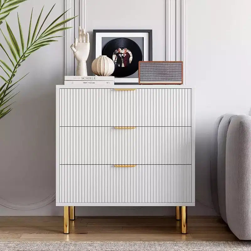 Modern 3 Drawer Dresser for Bedroom with Gold Handle and Large Drawer, Wood Double Chest of Drawers and Storage Organizer for Home