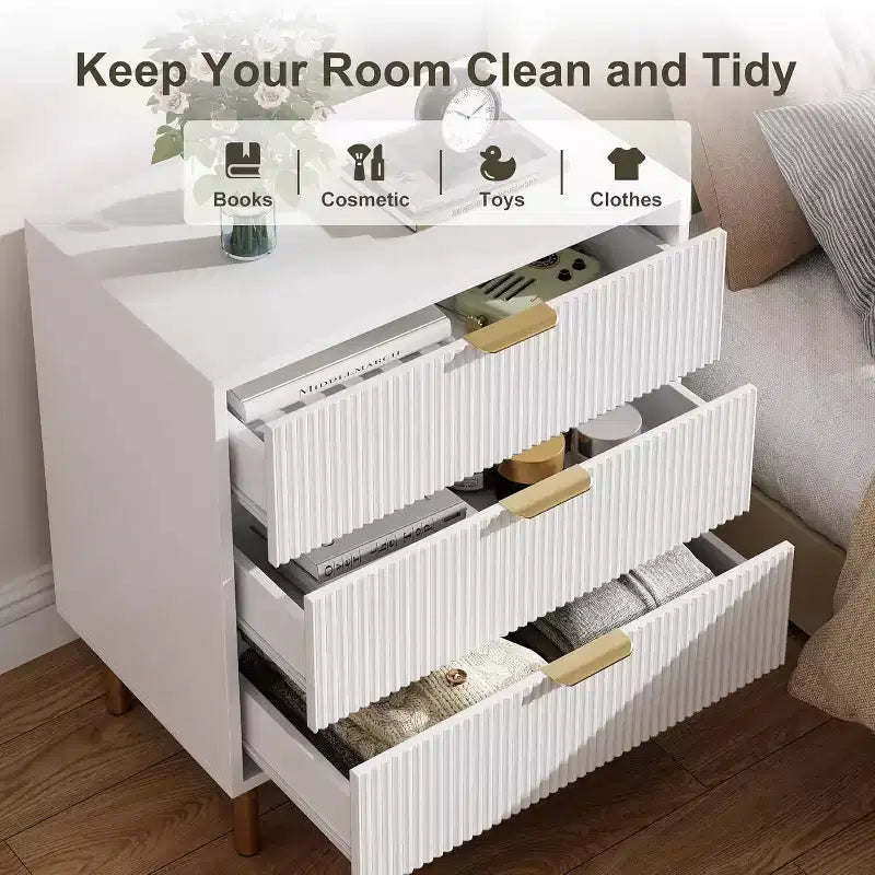 Modern 3 Drawer Dresser for Bedroom with Gold Handle and Large Drawer, Wood Double Chest of Drawers and Storage Organizer for Home