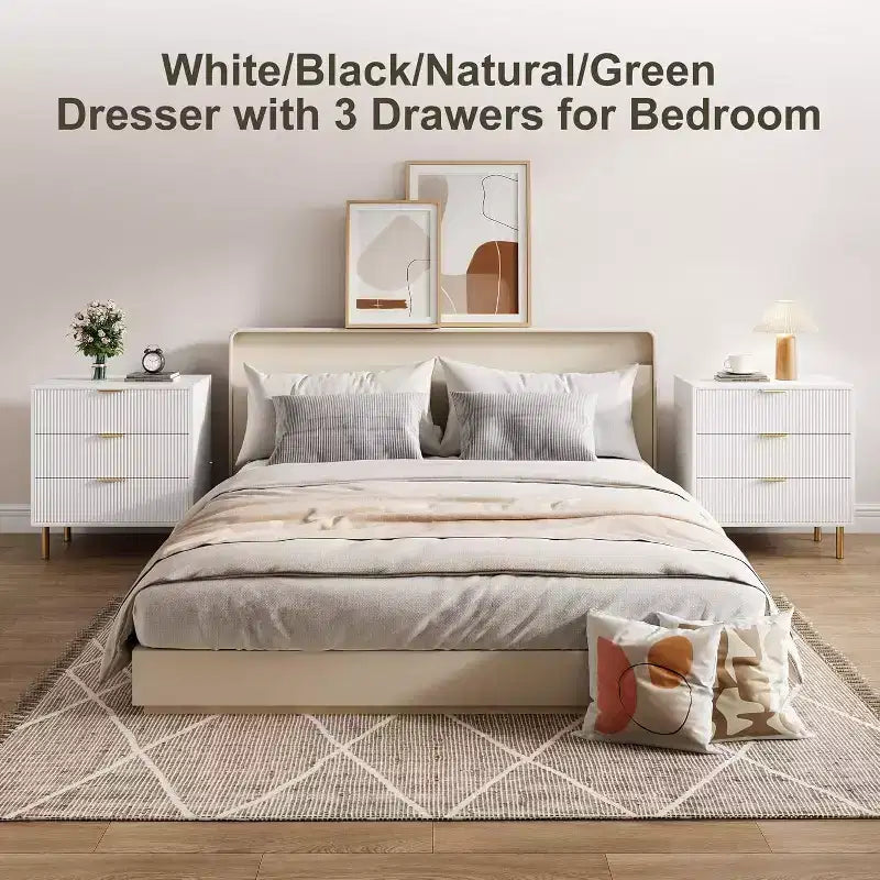 Modern 3 Drawer Dresser for Bedroom with Gold Handle and Large Drawer, Wood Double Chest of Drawers and Storage Organizer for Home