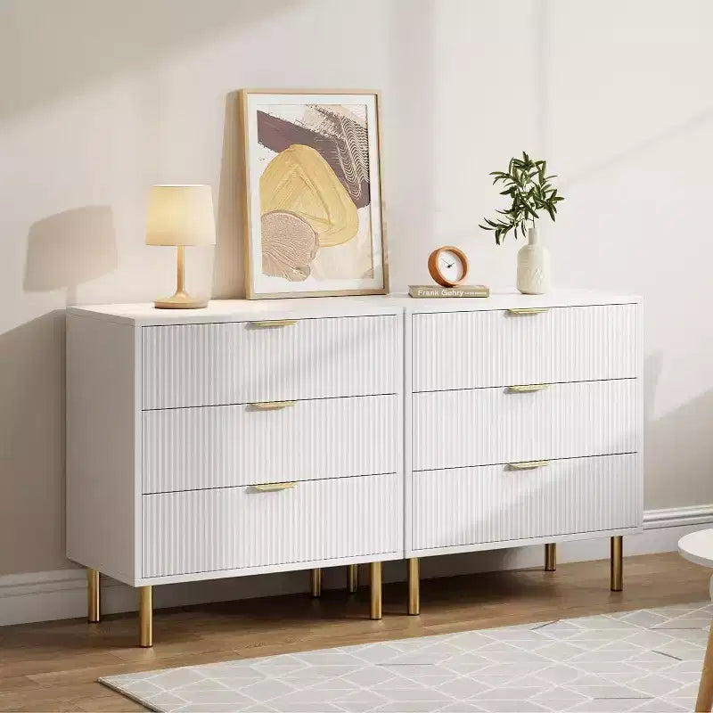 Modern 3 Drawer Dresser for Bedroom with Gold Handle and Large Drawer, Wood Double Chest of Drawers and Storage Organizer for Home
