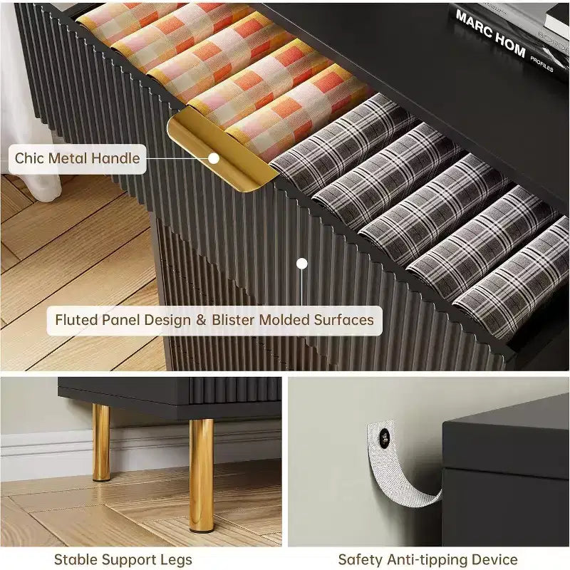 Modern 3 Drawer Dresser for Bedroom with Gold Handle and Large Drawer, Wood Double Chest of Drawers and Storage Organizer for Home