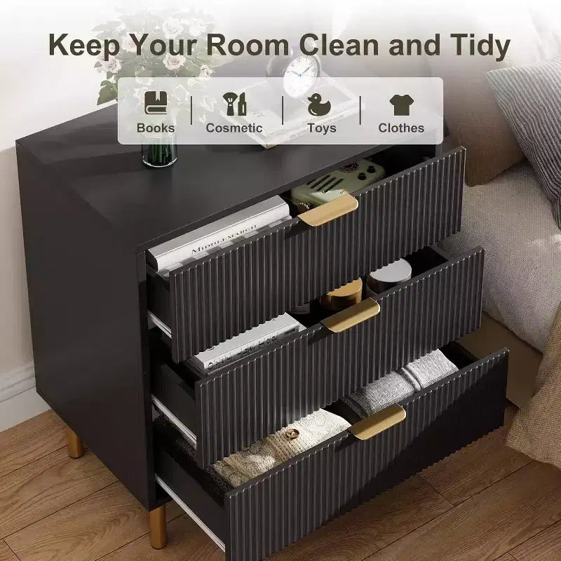 Modern 3 Drawer Dresser for Bedroom with Gold Handle and Large Drawer, Wood Double Chest of Drawers and Storage Organizer for Home
