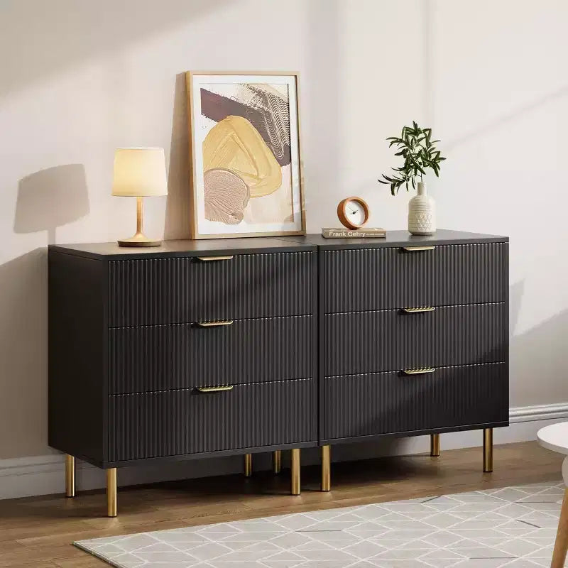 Modern 3 Drawer Dresser for Bedroom with Gold Handle and Large Drawer, Wood Double Chest of Drawers and Storage Organizer for Home