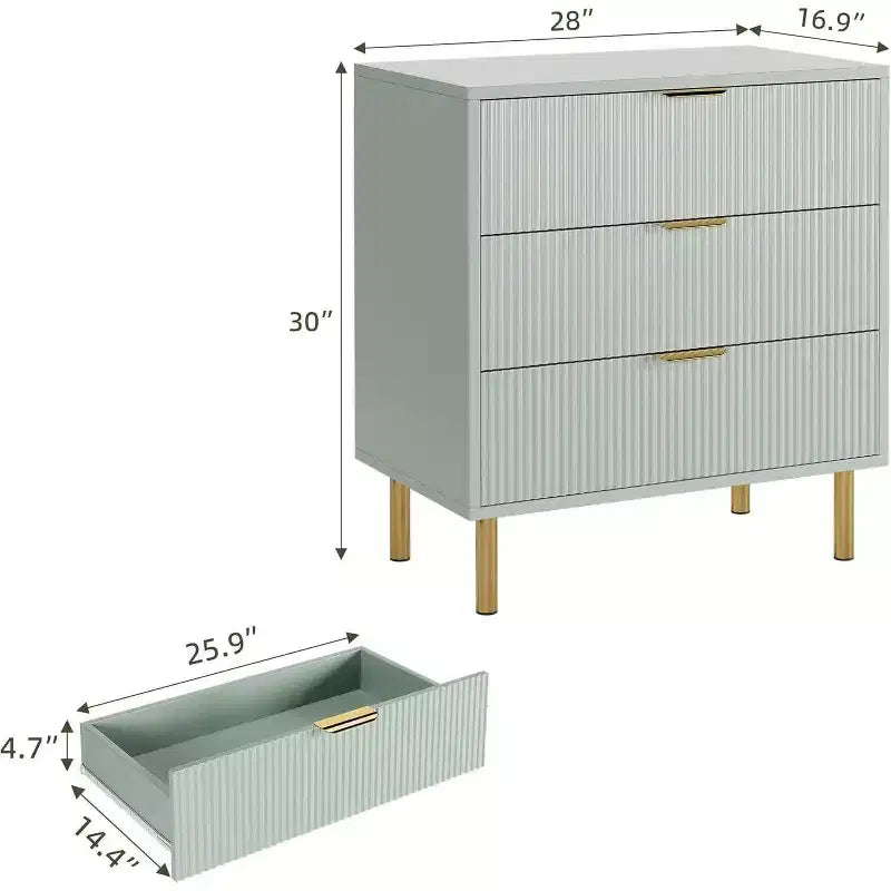 Modern 3 Drawer Dresser for Bedroom with Gold Handle and Large Drawer, Wood Double Chest of Drawers and Storage Organizer for Home