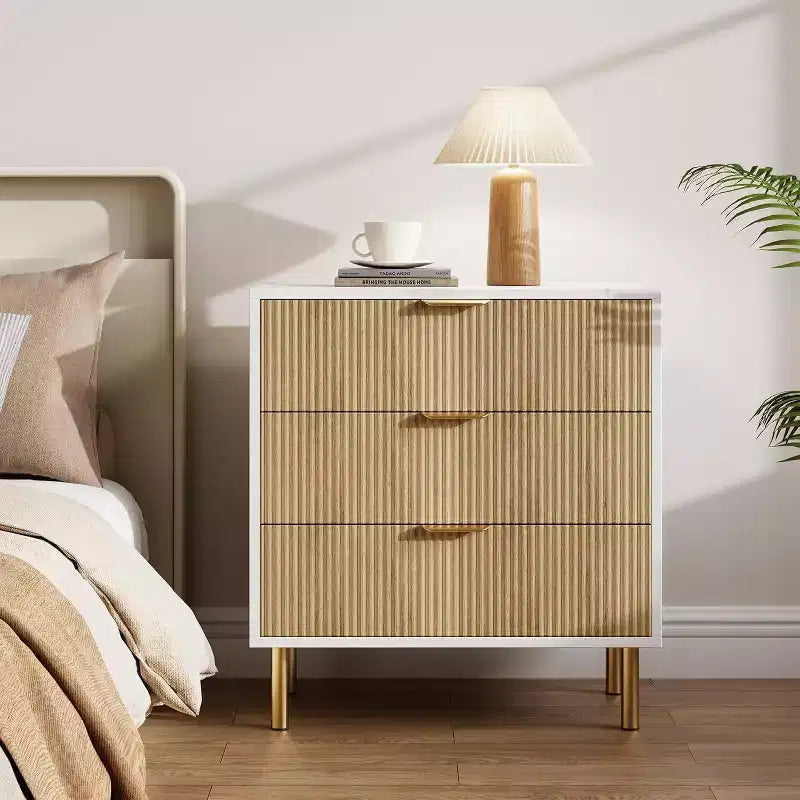 Modern 3 Drawer Dresser for Bedroom with Gold Handle and Large Drawer, Wood Double Chest of Drawers and Storage Organizer for Home