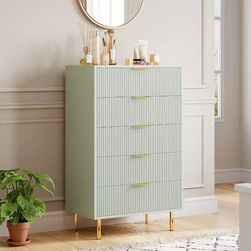 Modern 5 Drawer Dresser for Bedroom with Gold Handle and Large Drawer, Wood Double Chest of Drawers and Storage Organizer for Home
