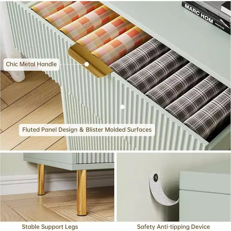 Modern 5 Drawer Dresser for Bedroom with Gold Handle and Large Drawer, Wood Double Chest of Drawers and Storage Organizer for Home