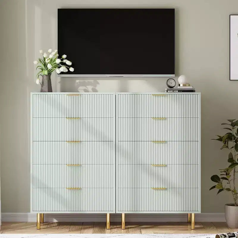 Modern 5 Drawer Dresser for Bedroom with Gold Handle and Large Drawer, Wood Double Chest of Drawers and Storage Organizer for Home