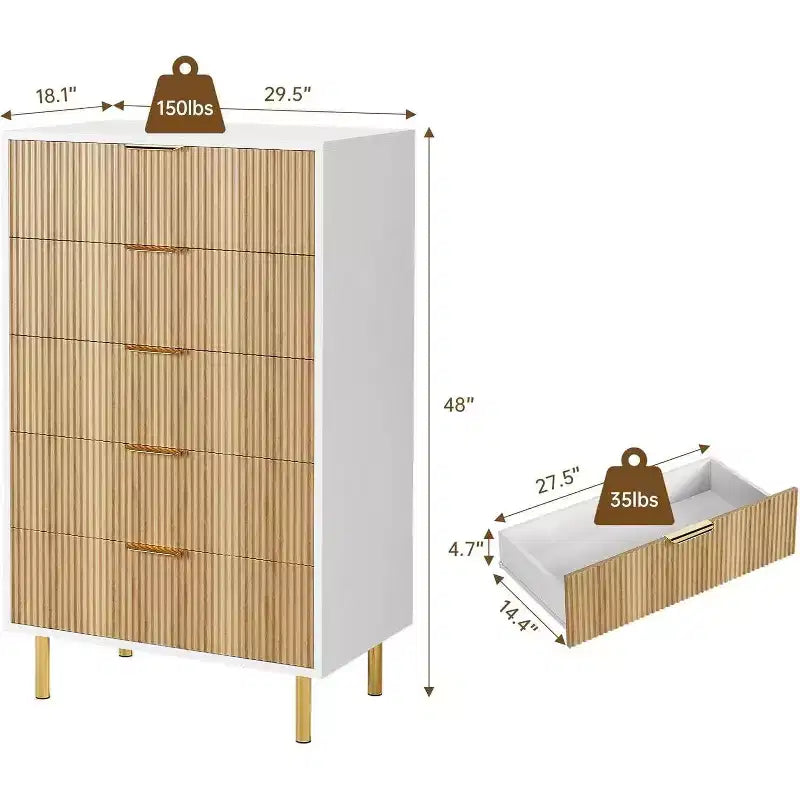 Modern 5 Drawer Dresser for Bedroom with Gold Handle and Large Drawer, Wood Double Chest of Drawers and Storage Organizer for Home