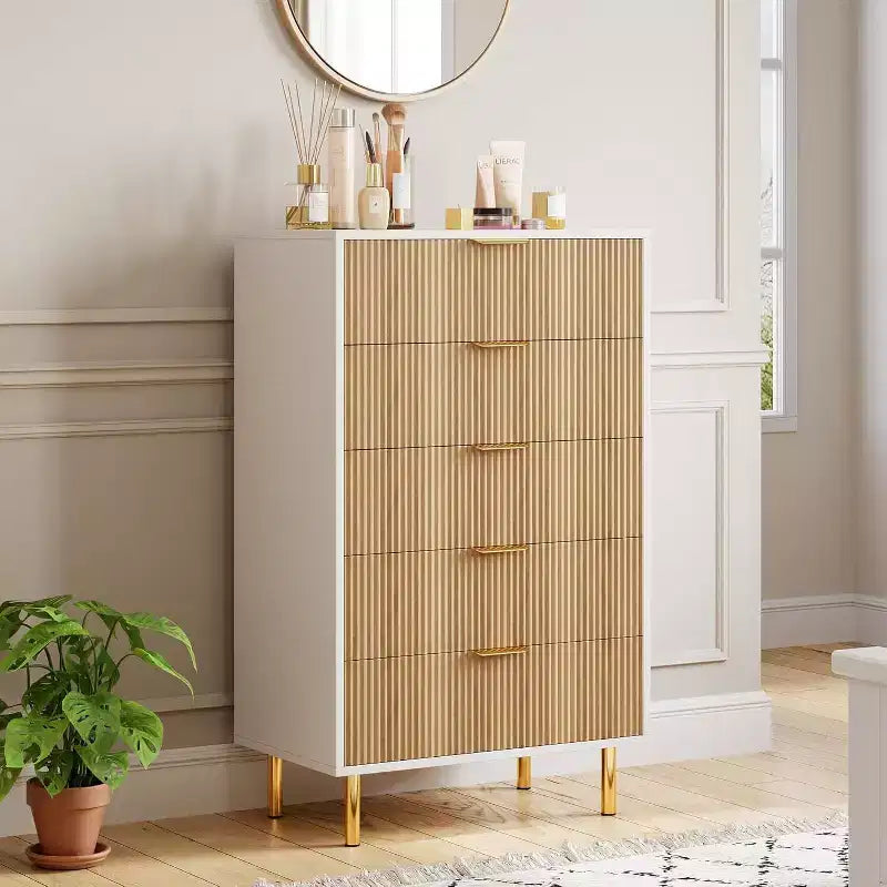 Modern 5 Drawer Dresser for Bedroom with Gold Handle and Large Drawer, Wood Double Chest of Drawers and Storage Organizer for Home