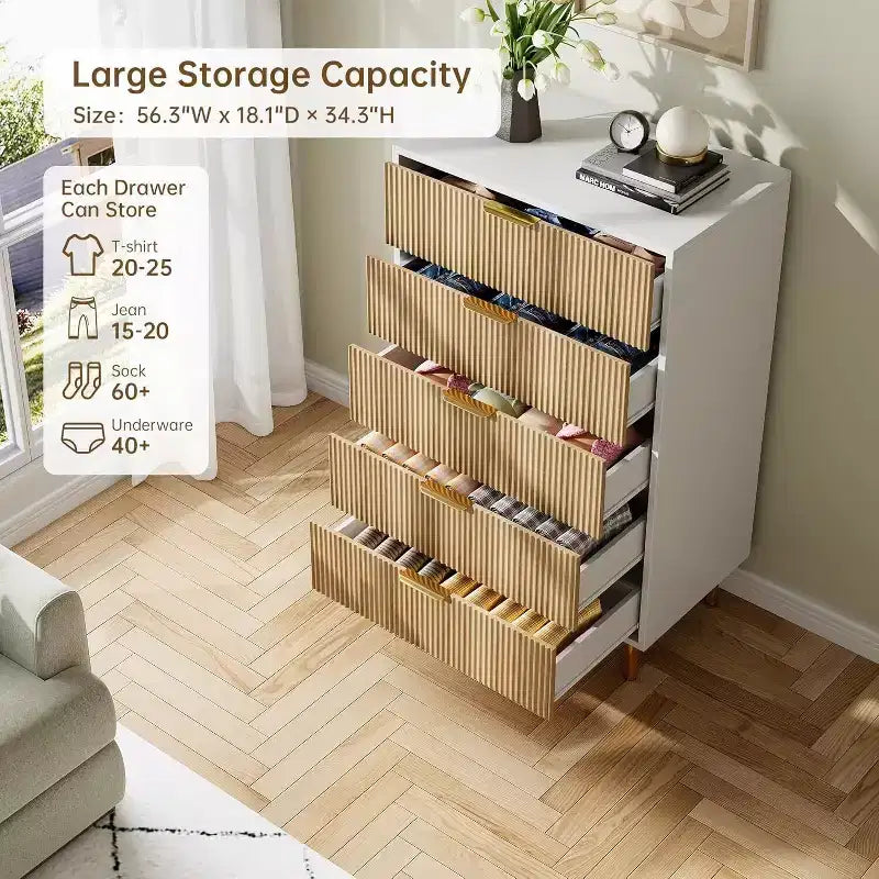 Modern 5 Drawer Dresser for Bedroom with Gold Handle and Large Drawer, Wood Double Chest of Drawers and Storage Organizer for Home