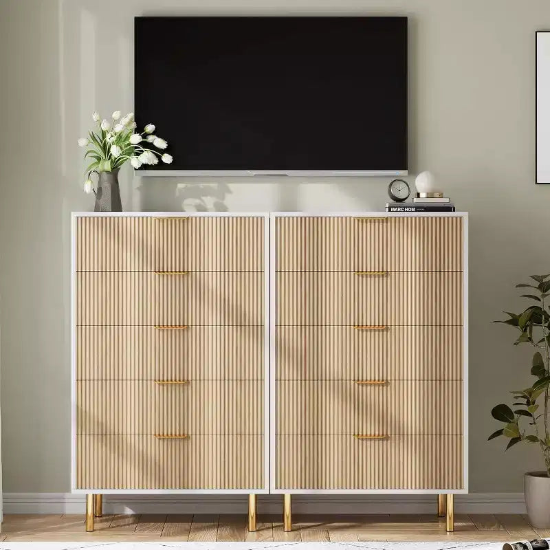 Modern 5 Drawer Dresser for Bedroom with Gold Handle and Large Drawer, Wood Double Chest of Drawers and Storage Organizer for Home