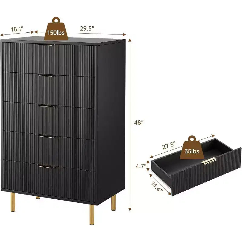 Modern 5 Drawer Dresser for Bedroom with Gold Handle and Large Drawer, Wood Double Chest of Drawers and Storage Organizer for Home
