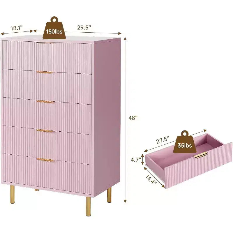 Modern 5 Drawer Dresser for Bedroom with Gold Handle and Large Drawer, Wood Double Chest of Drawers and Storage Organizer for Home