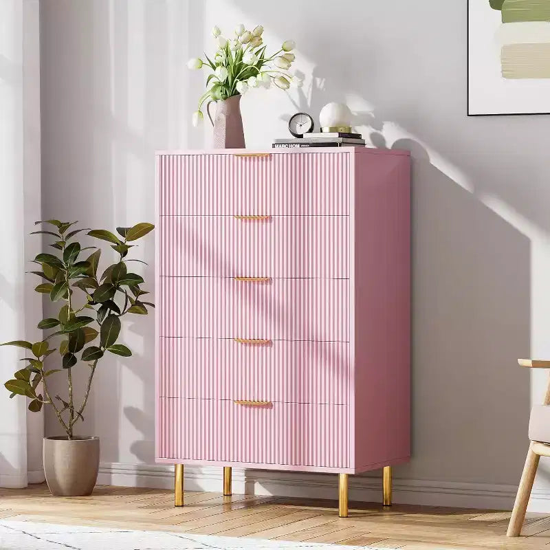 Modern 5 Drawer Dresser for Bedroom with Gold Handle and Large Drawer, Wood Double Chest of Drawers and Storage Organizer for Home