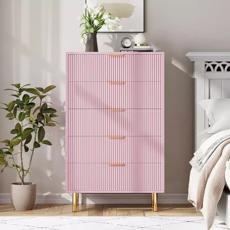 Modern 5 Drawer Dresser for Bedroom with Gold Handle and Large Drawer, Wood Double Chest of Drawers and Storage Organizer for Home