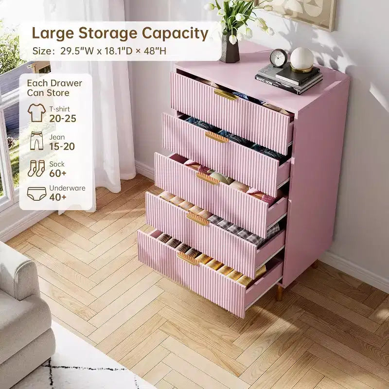 Modern 5 Drawer Dresser for Bedroom with Gold Handle and Large Drawer, Wood Double Chest of Drawers and Storage Organizer for Home