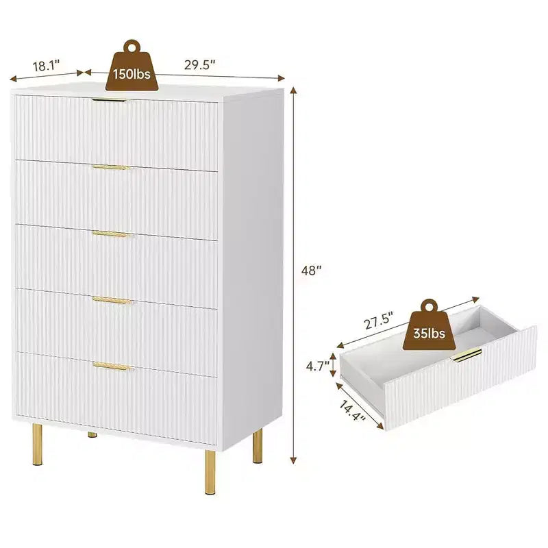 Modern 5 Drawer Dresser for Bedroom with Gold Handle and Large Drawer, Wood Double Chest of Drawers and Storage Organizer for Home