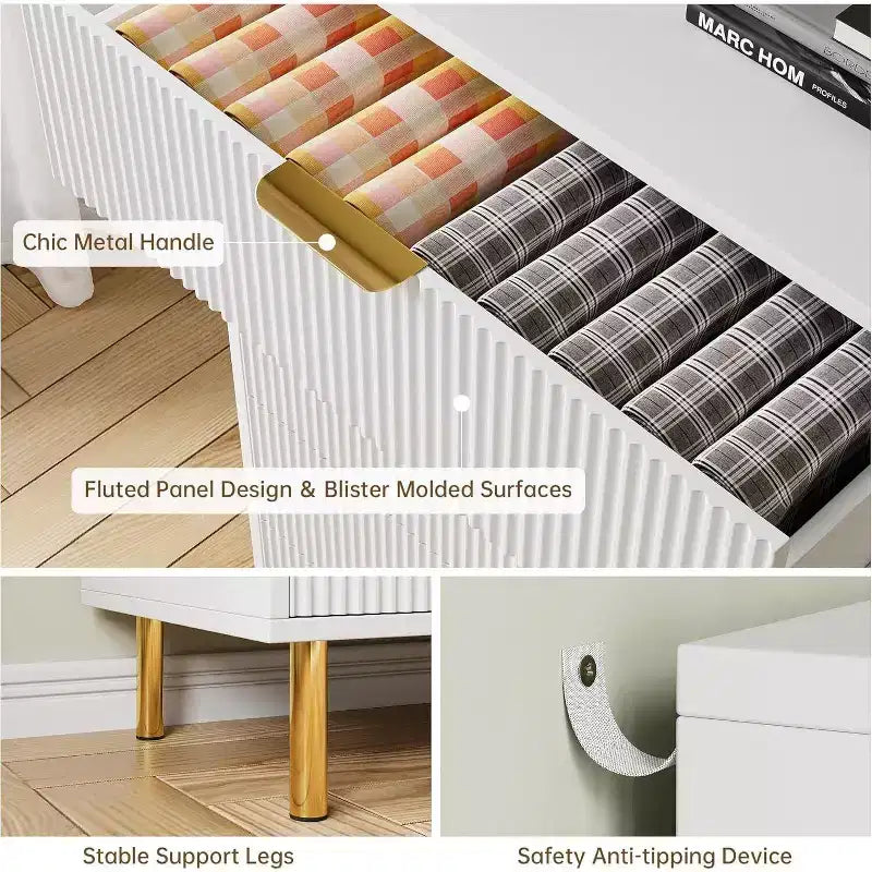 Modern 5 Drawer Dresser for Bedroom with Gold Handle and Large Drawer, Wood Double Chest of Drawers and Storage Organizer for Home