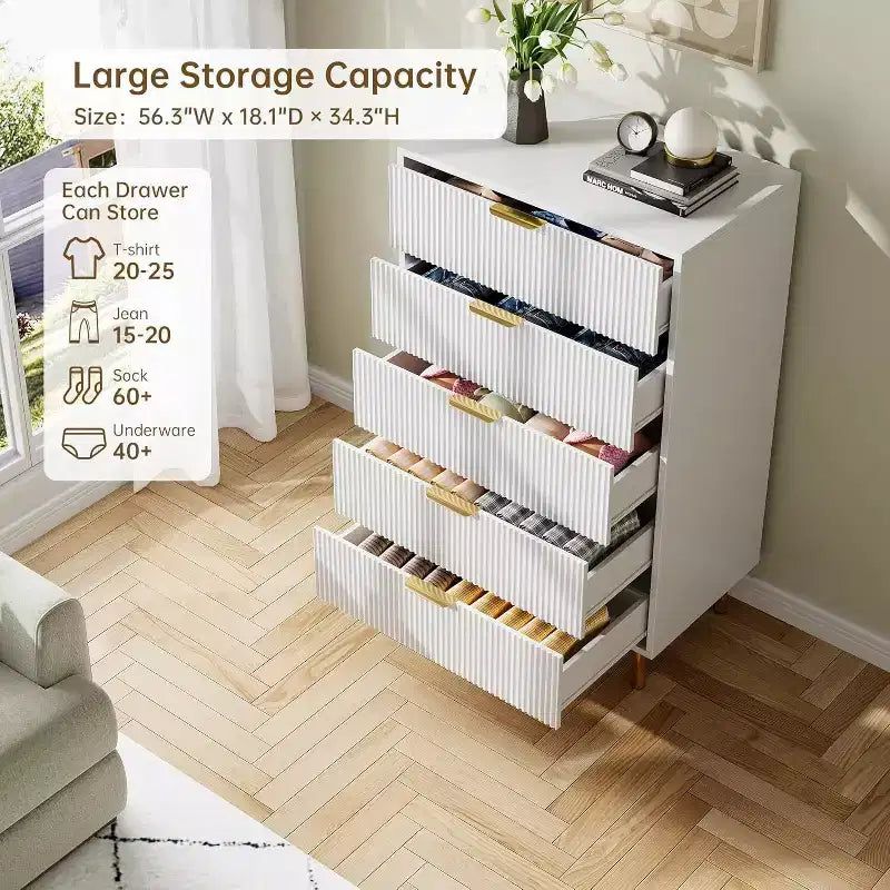 Modern 5 Drawer Dresser for Bedroom with Gold Handle and Large Drawer, Wood Double Chest of Drawers and Storage Organizer for Home