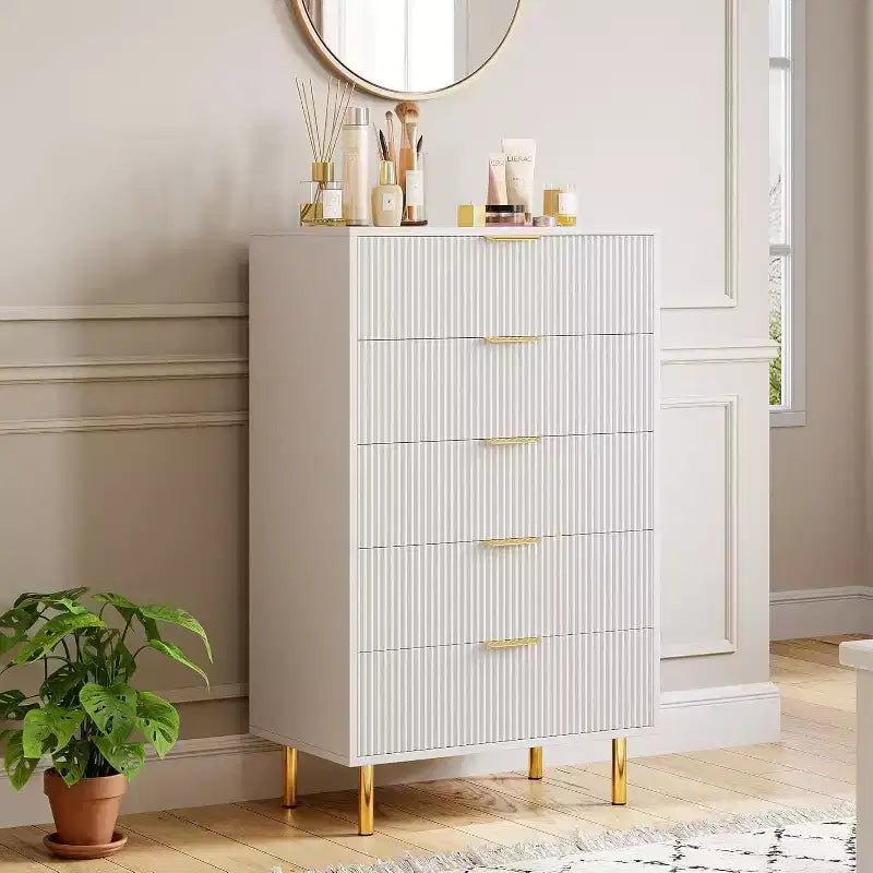 Modern 5 Drawer Dresser for Bedroom with Gold Handle and Large Drawer, Wood Double Chest of Drawers and Storage Organizer for Home