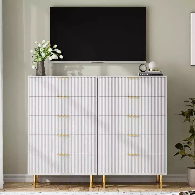 Modern 5 Drawer Dresser for Bedroom with Gold Handle and Large Drawer, Wood Double Chest of Drawers and Storage Organizer for Home