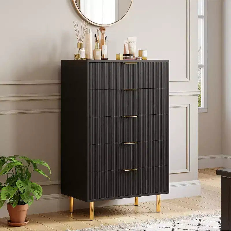 Modern 5 Drawer Dresser for Bedroom with Gold Handle and Large Drawer, Wood Double Chest of Drawers and Storage Organizer for Home