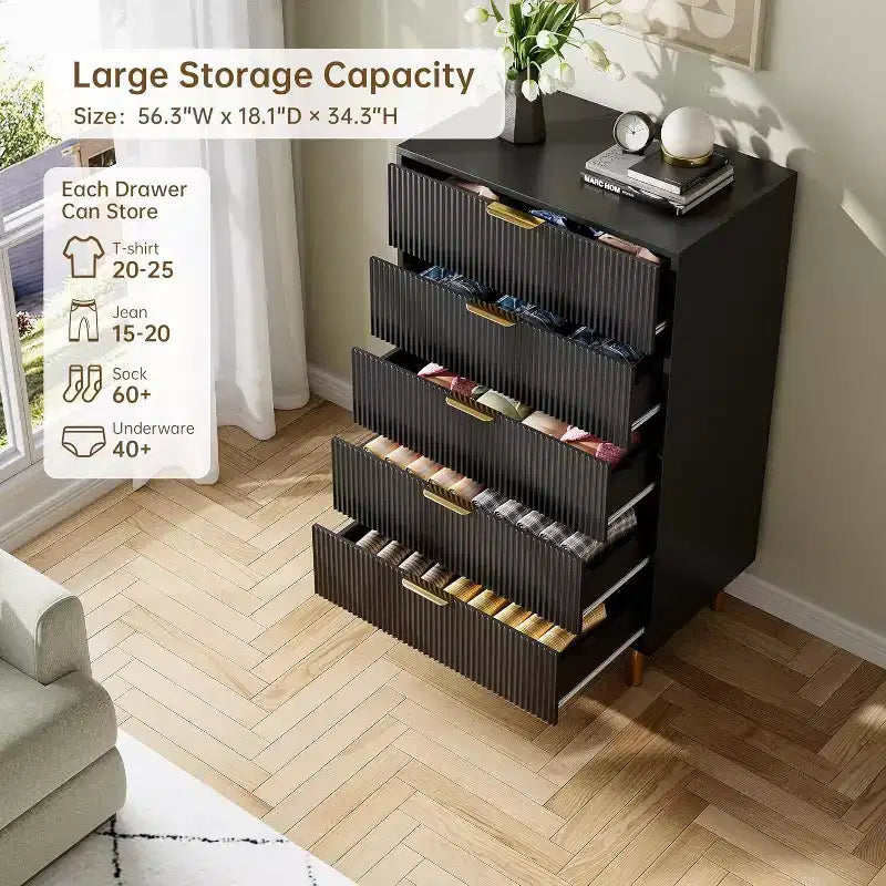 Modern 5 Drawer Dresser for Bedroom with Gold Handle and Large Drawer, Wood Double Chest of Drawers and Storage Organizer for Home