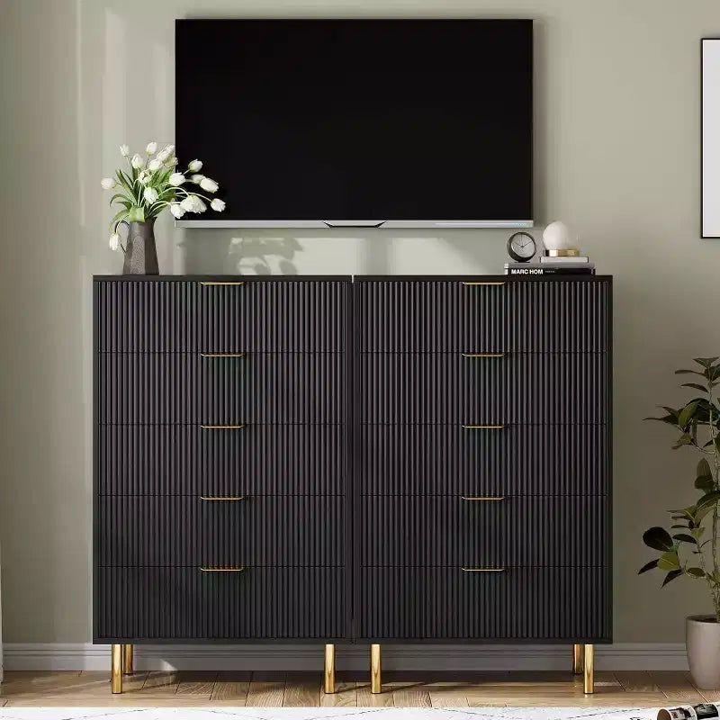 Modern 5 Drawer Dresser for Bedroom with Gold Handle and Large Drawer, Wood Double Chest of Drawers and Storage Organizer for Home