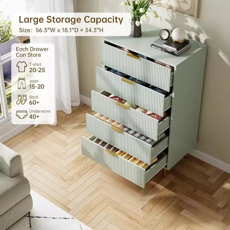 Modern 5 Drawer Dresser for Bedroom with Gold Handle and Large Drawer, Wood Double Chest of Drawers and Storage Organizer for Home