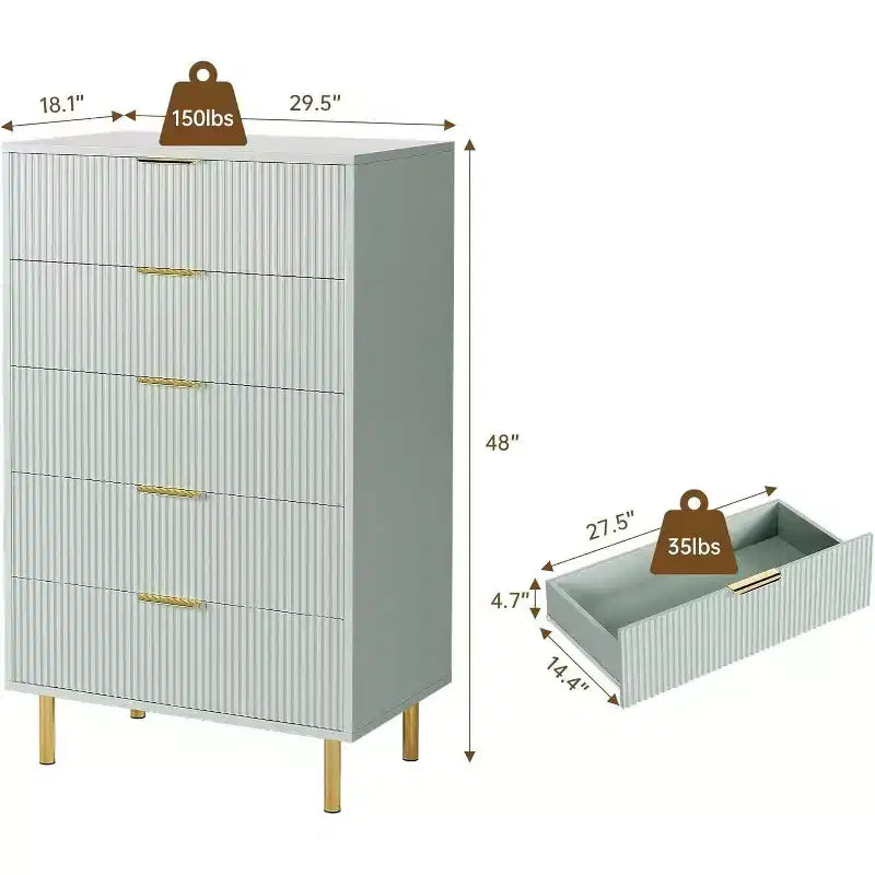 Modern 5 Drawer Dresser for Bedroom with Gold Handle and Large Drawer, Wood Double Chest of Drawers and Storage Organizer for Home