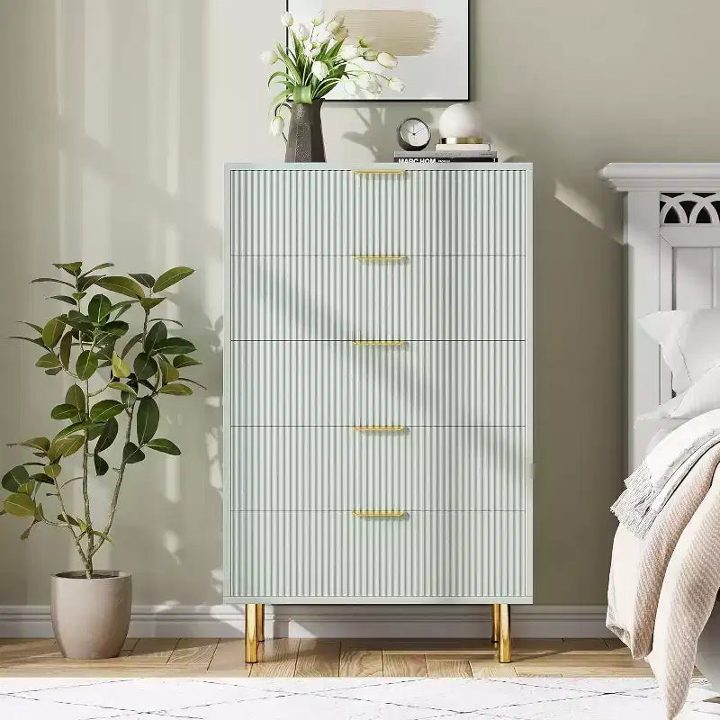 Modern 5 Drawer Dresser for Bedroom with Gold Handle and Large Drawer, Wood Double Chest of Drawers and Storage Organizer for Home