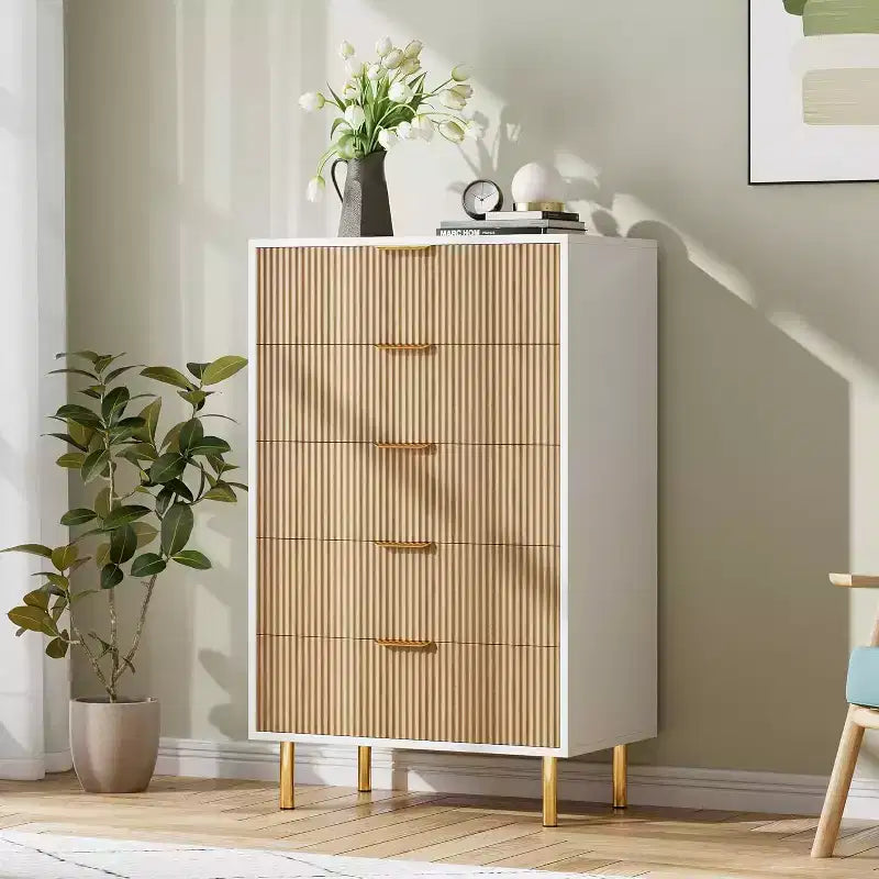 Modern 5 Drawer Dresser for Bedroom with Gold Handle and Large Drawer, Wood Double Chest of Drawers and Storage Organizer for Home