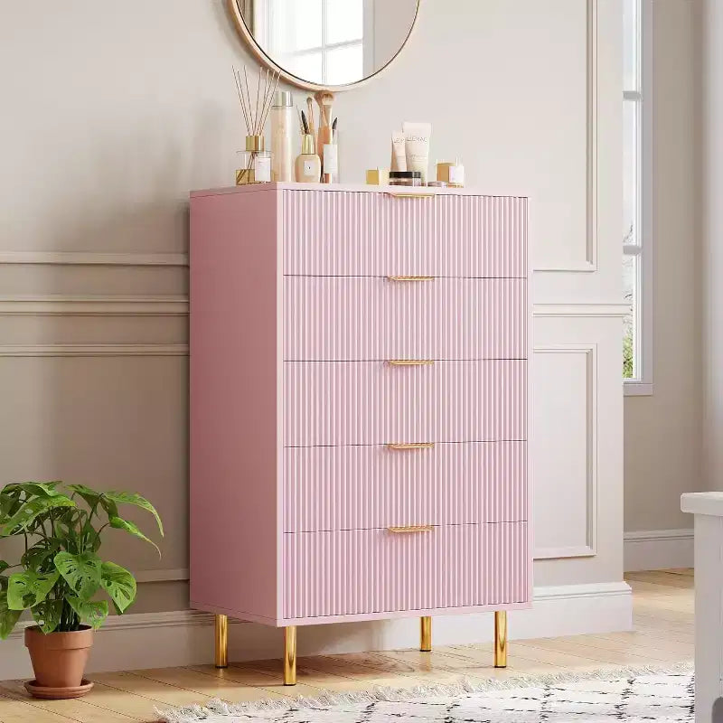 Modern 5 Drawer Dresser for Bedroom with Gold Handle and Large Drawer, Wood Double Chest of Drawers and Storage Organizer for Home