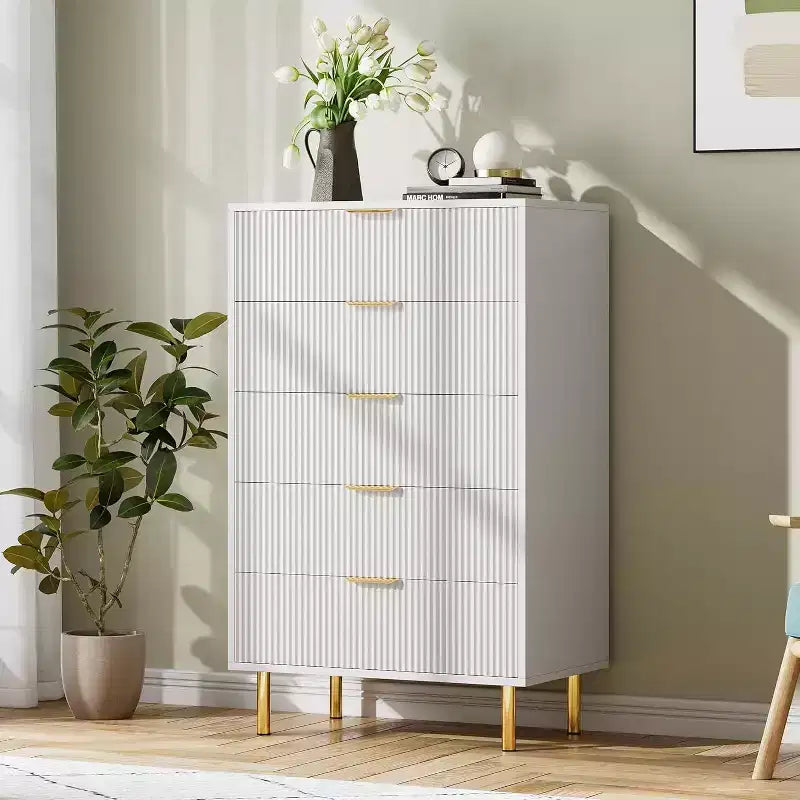 Modern 5 Drawer Dresser for Bedroom with Gold Handle and Large Drawer, Wood Double Chest of Drawers and Storage Organizer for Home