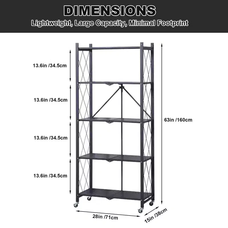 CuisinSmart 5-Tier Folding Storage Shelves With Wheels, Heavy Duty Folding Shelves- for Storage Books, Kitchenware, for Kitchen Pantry Balcony