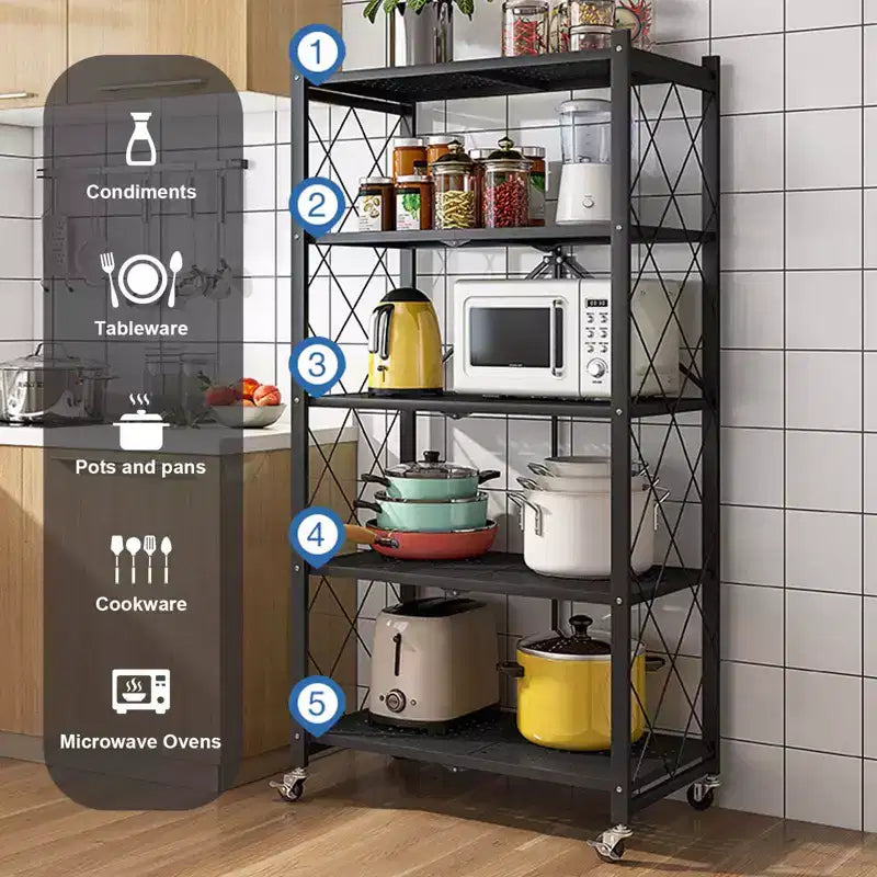 CuisinSmart 5-Tier Folding Storage Shelves With Wheels, Heavy Duty Folding Shelves- for Storage Books, Kitchenware, for Kitchen Pantry Balcony