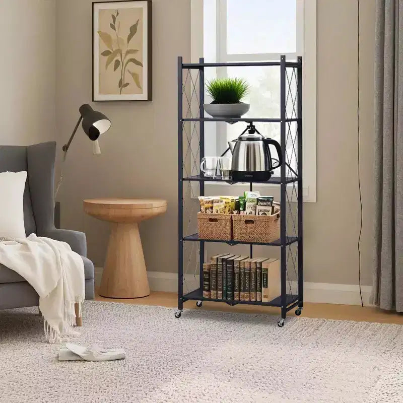 CuisinSmart 5-Tier Folding Storage Shelves With Wheels, Heavy Duty Folding Shelves- for Storage Books, Kitchenware, for Kitchen Pantry Balcony