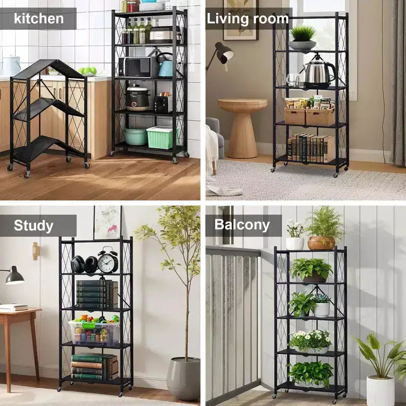 CuisinSmart 5-Tier Folding Storage Shelves With Wheels, Heavy Duty Folding Shelves- for Storage Books, Kitchenware, for Kitchen Pantry Balcony
