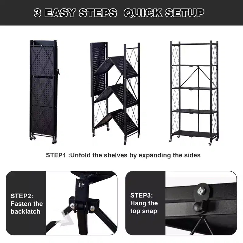 CuisinSmart 5-Tier Folding Storage Shelves With Wheels, Heavy Duty Folding Shelves- for Storage Books, Kitchenware, for Kitchen Pantry Balcony