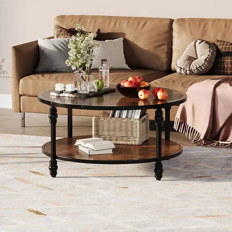 34.5/30.5 Round Coffee Table, 2 Tier Center Table with Storage Shelf, Wooden Industrial Circle Coffee Table with Metal Frame, Rustic Brown