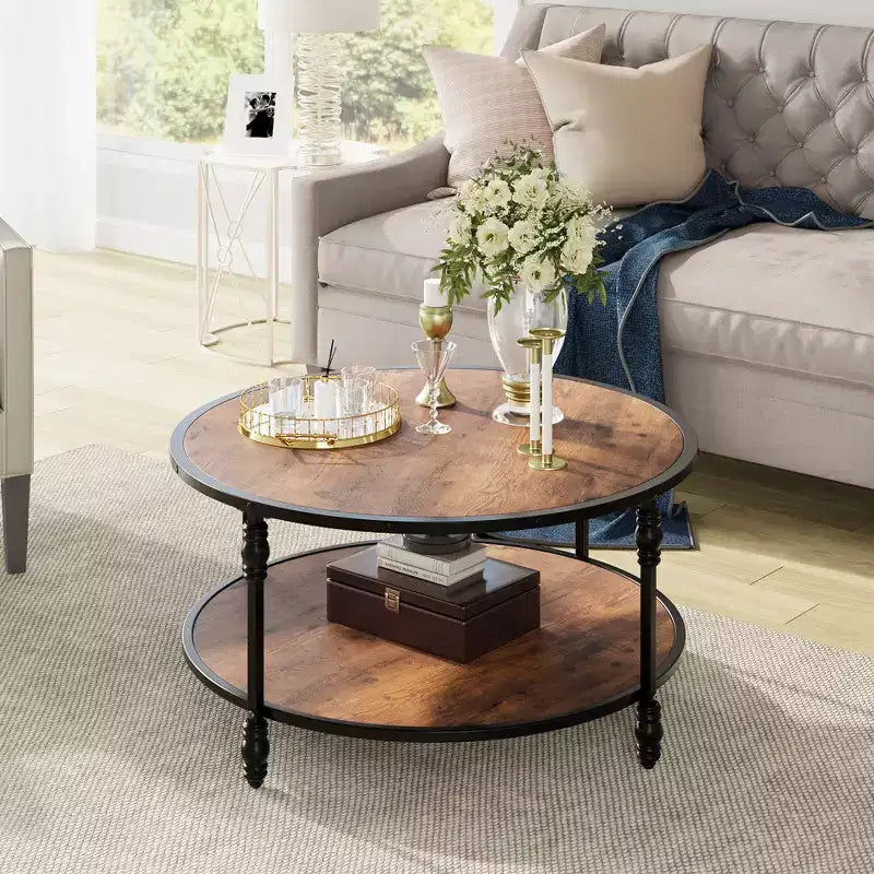 34.5/30.5 Round Coffee Table, 2 Tier Center Table with Storage Shelf, Wooden Industrial Circle Coffee Table with Metal Frame, Rustic Brown