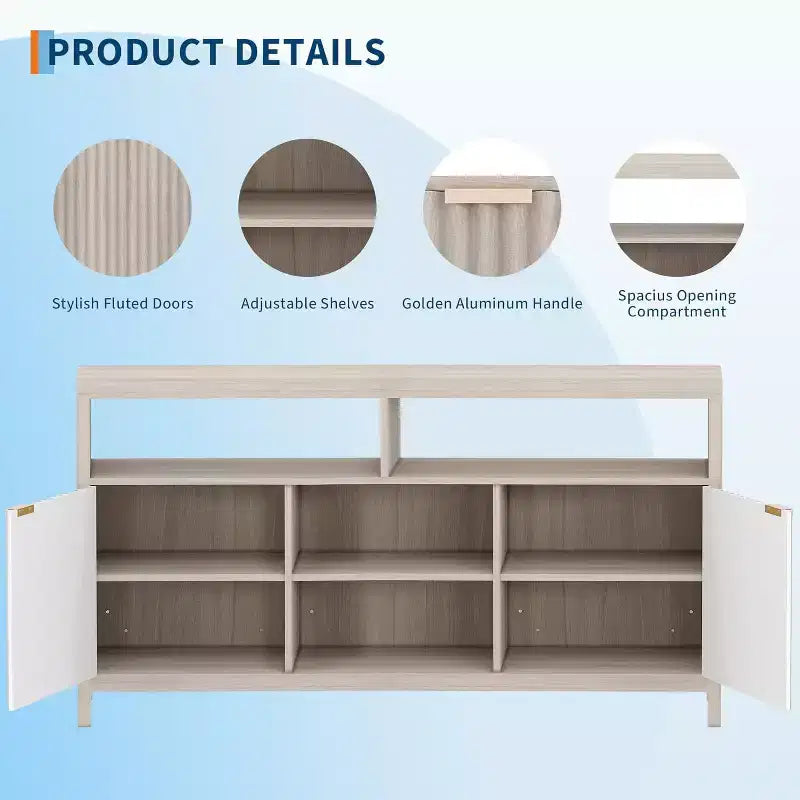 Meuble TV moderne de 150 cm pour salon, grand meuble de divertissement avec porte cannelée et étagères ouvertes, meuble console média en bois pour TV 65 pouces