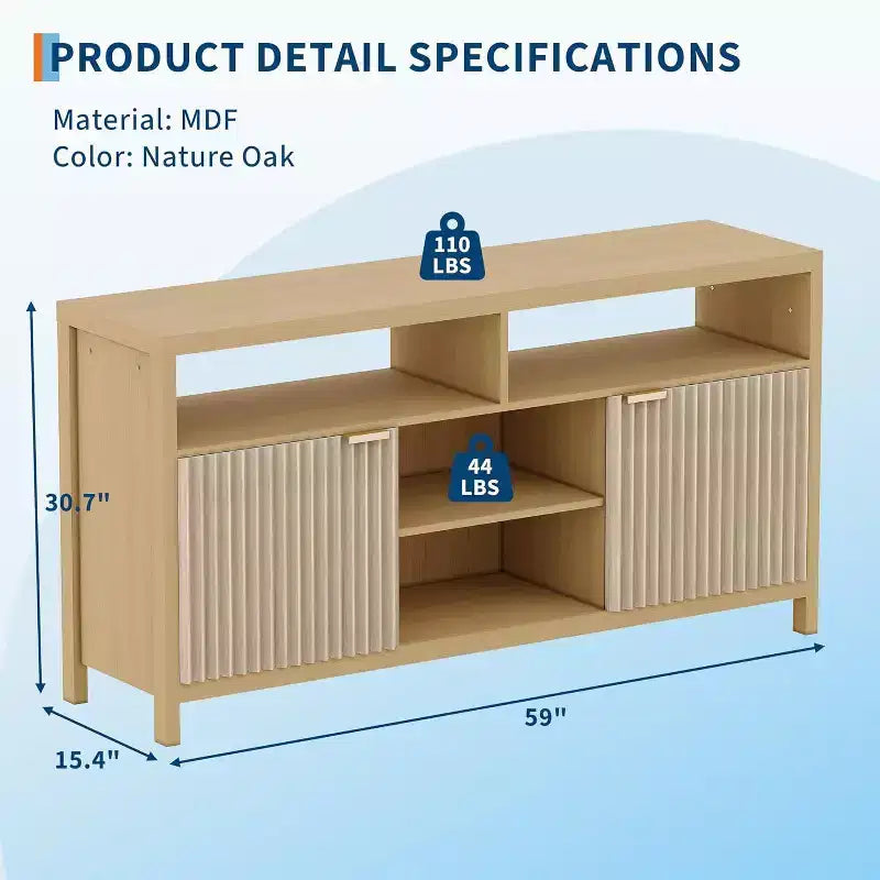 Meuble TV moderne de 150 cm pour salon, grand meuble de divertissement avec porte cannelée et étagères ouvertes, meuble console média en bois pour TV 65 pouces