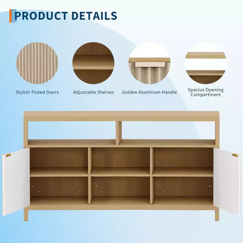 Meuble TV moderne de 150 cm pour salon, grand meuble de divertissement avec porte cannelée et étagères ouvertes, meuble console média en bois pour TV 65 pouces